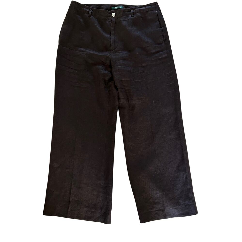 Lauren Ralph Lauren Linen Wide Leg Pants Brown Flat Front Trouser Women 12 - Picture 2 of 8